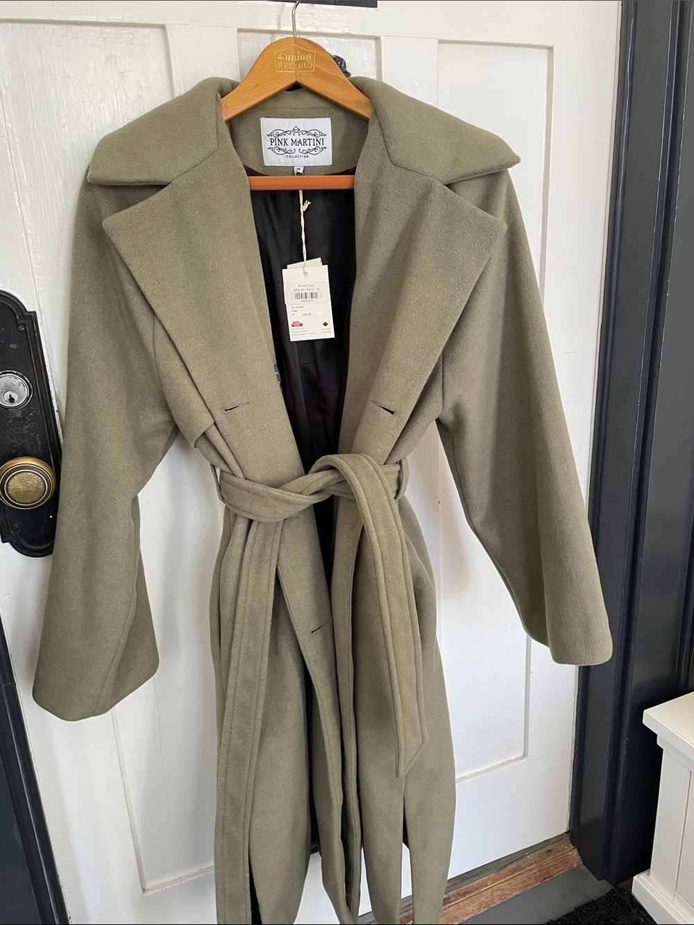 Pink Martini Sage Green Wrap Belted Wool-Blend Trench Coat
